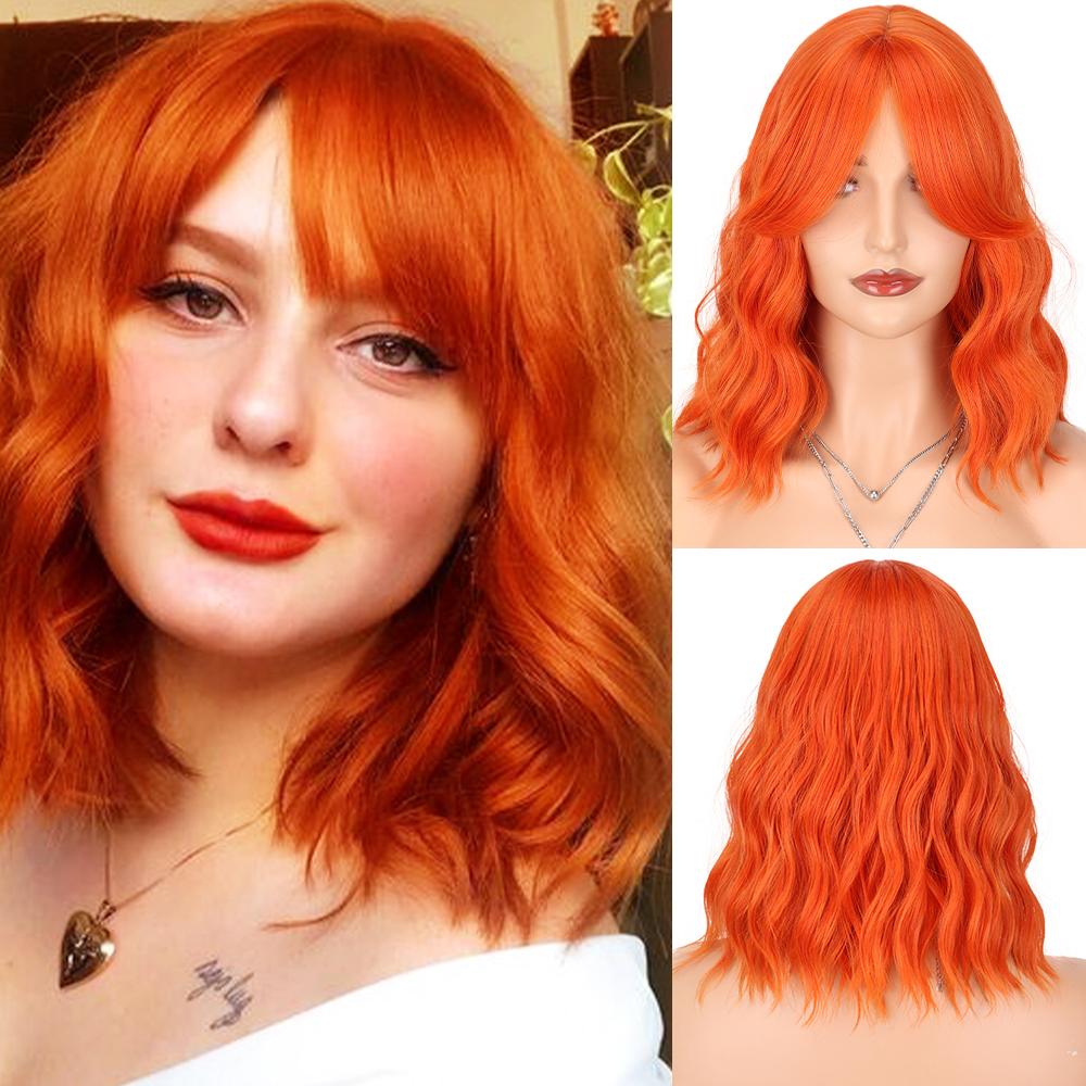 Synthetische gewellte Bob-Perücken, 35,6 cm, Cosplay, mittlere Perücke mit Pony, natürlicher Haaransatz, Orange, Lila, Rosa, Blau, Perücken für Frauen