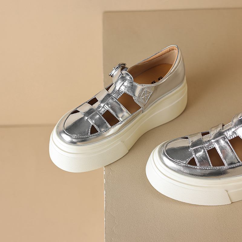 Krazing Pot Baskets en cuir véritable pour femme, chaussures décontractées, printemps, automne, été, plateforme, sangles à boucle, couleur argent