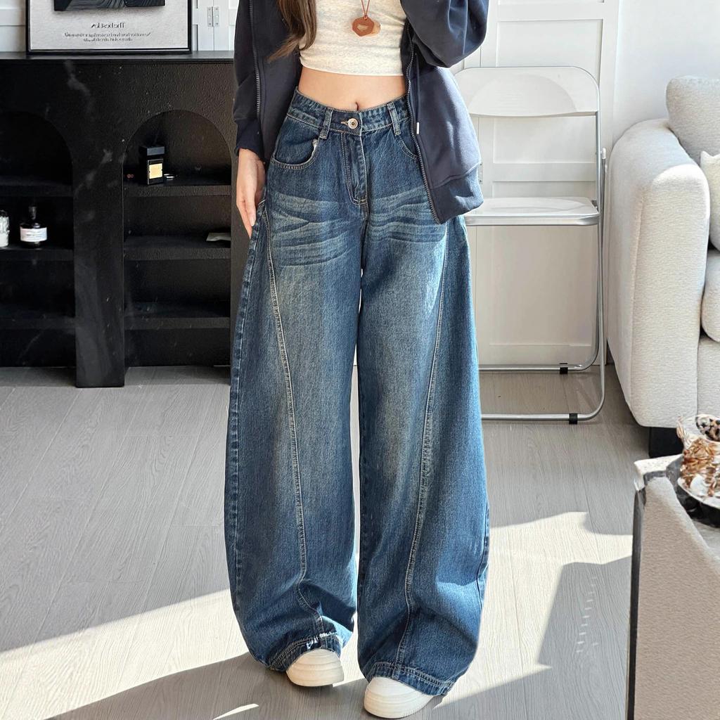 American Spice Girl Retro Blue Scimitar Jeans Women's Autumn and Winter High Waist Loose and Skinny Casual Wide Pants Vintage Wash Casual Denim Pants