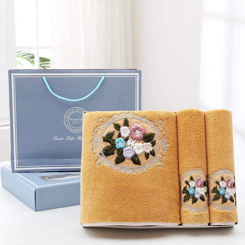 Wholesale Fashionable Two-piece Set of Fiber Absorbent Embroidered Towel Gift Box with Flower Towel Gift Box Bath Towel3pcs