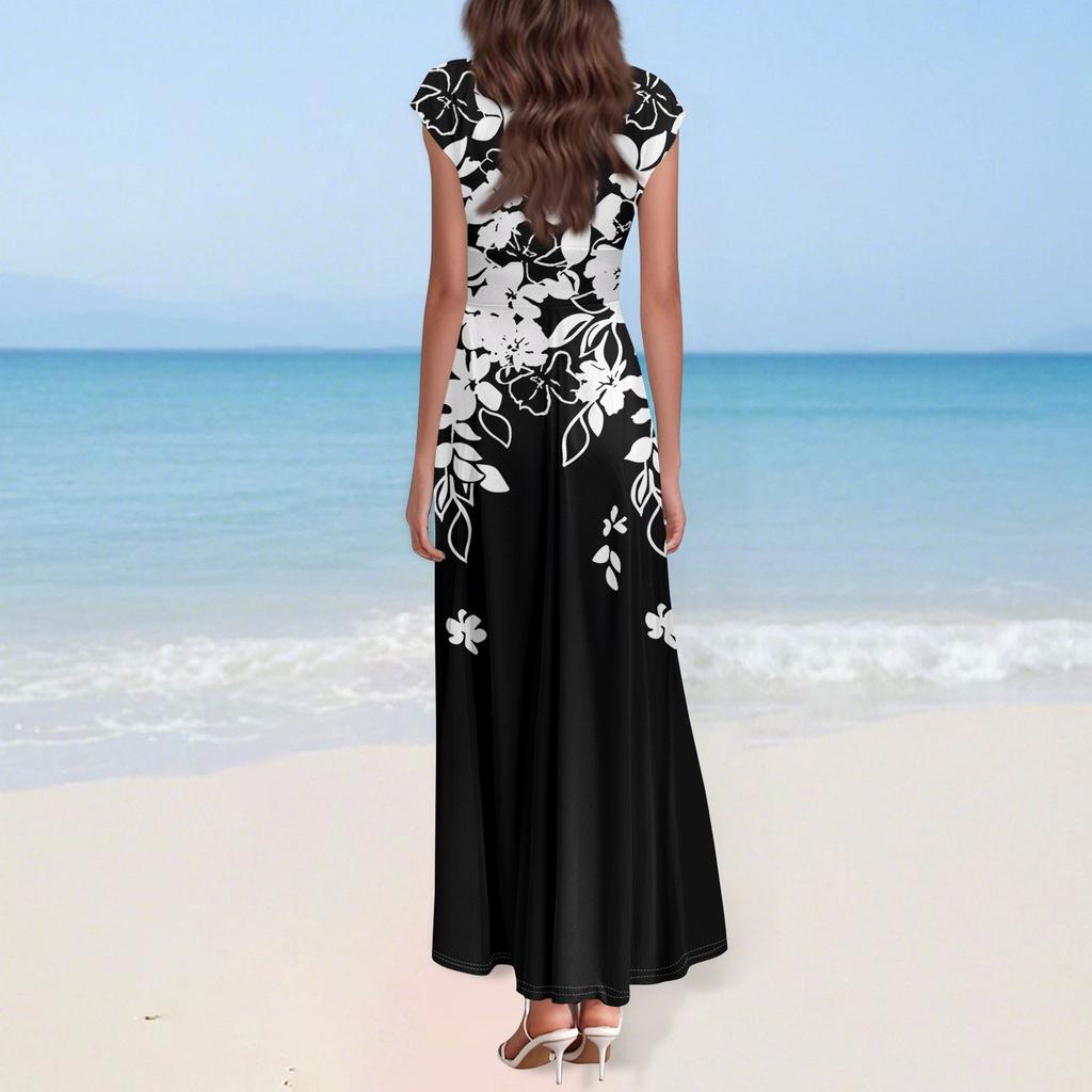 Maxi Dress For Womens High Waiste Deep V Neck Dress Printed Dresses Beach Flowy Dress Retro Summer Dresses