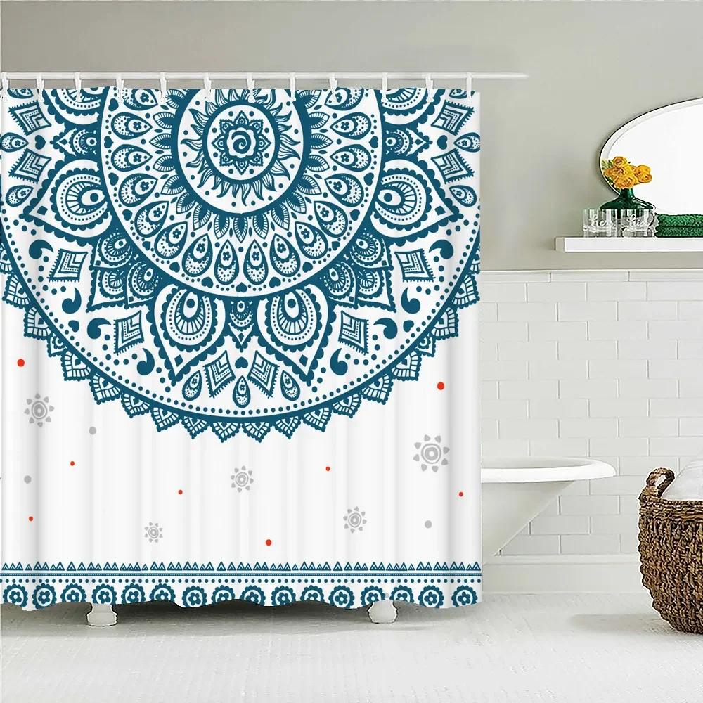 Bohemian 3D Shower Curtain, Indian Mandala Flower Green Blue Chic Color Modern Pattern Bathroom Fabric Home Decor Shower Curtain