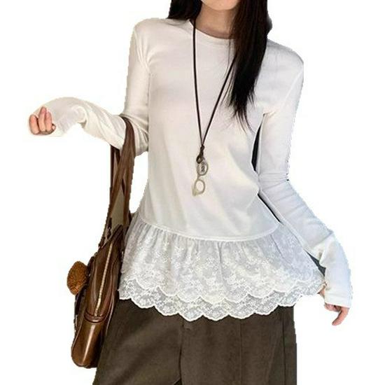 Women s White Korean Style Lace Trim Long Sleeve Base Shirt for Autumn/Winter 2025 Extra Large