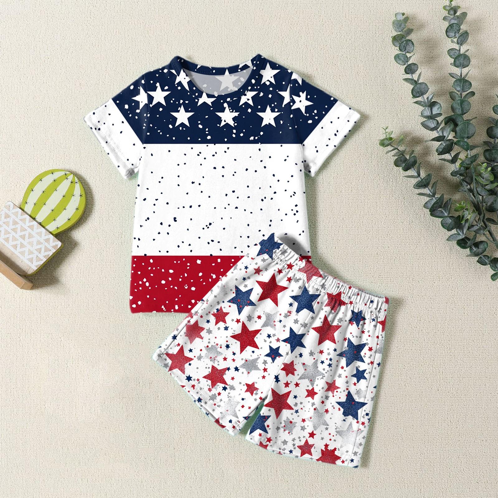 

Мода для мальчиков девочек Повседневный комплект ко Дню независимости: футболка с круглым вырезом и короткими рукавами, шорты 140 белый