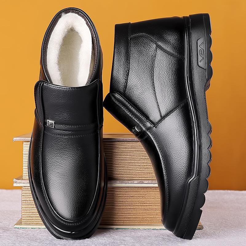 Leather shoes men's winter men's velvet warm cotton shoes thickened business cowhide high-top leather boots tide