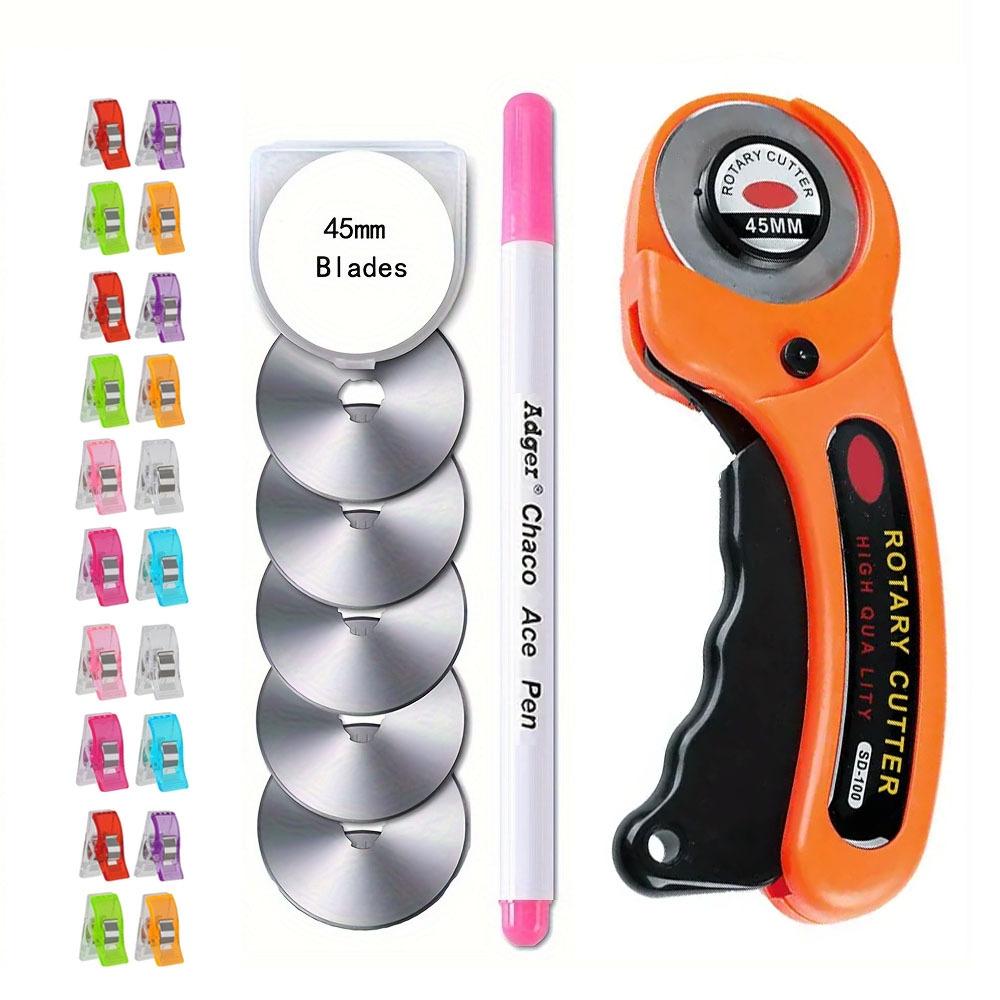 45mm Rotary Cutter Set Round Hob Craft Wheel Cutter Handle Roller with 5 Replacement Blades, Sewing Clip and Fabric Marker Pen
