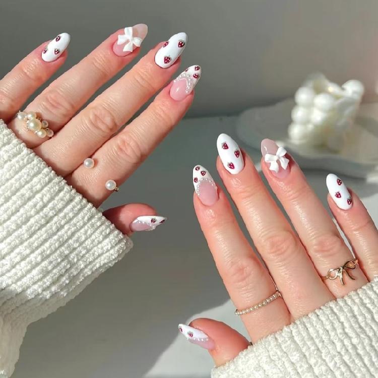 24pcs Short Press On Nail Almond Stick On Nail French Styles Full Cover False Nail with Strawberry Designs for Women