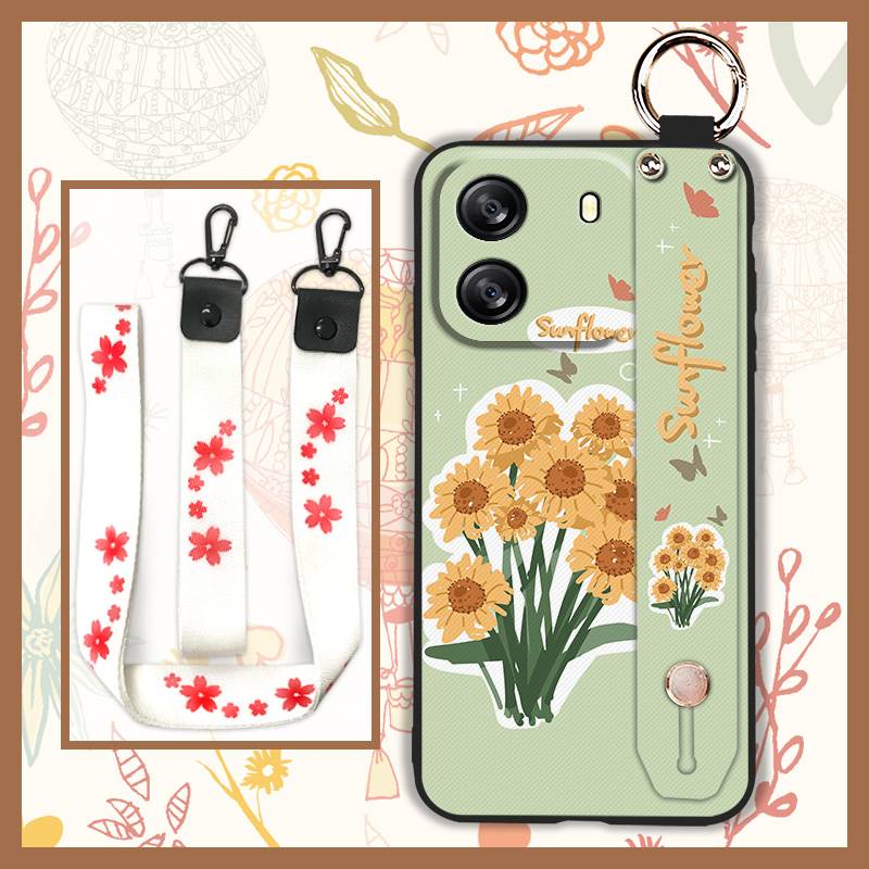 Protective Anti-dust Phone Case For Blackview Wave 6C Kickstand Ring Lanyard Soft Case Phone Holder Anti-knock Flower