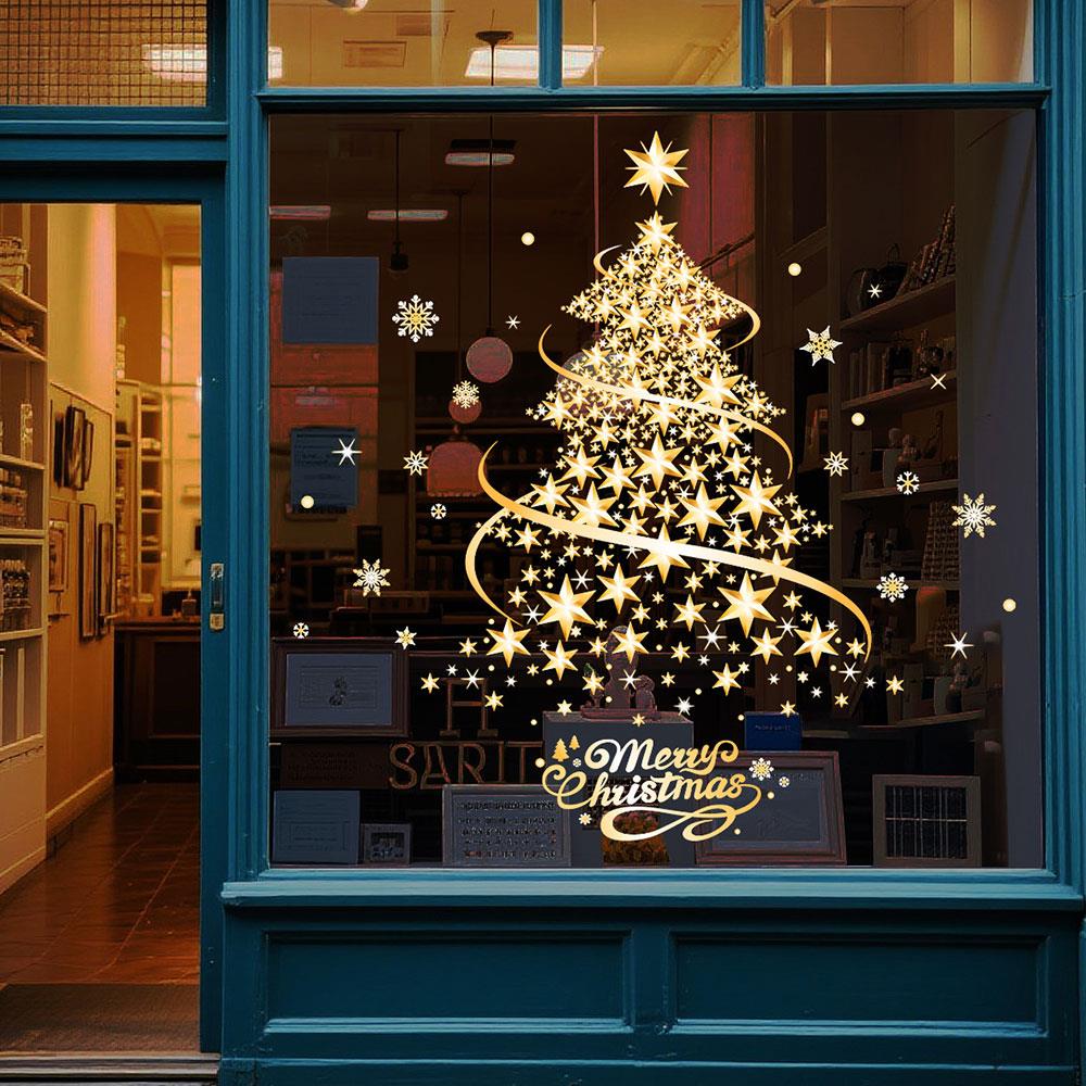 Christmas Decoration Window Stickers Golden Xmas Tree Window Clings Stickers Glass Mirror Sticker New Year Door Mural Sticker