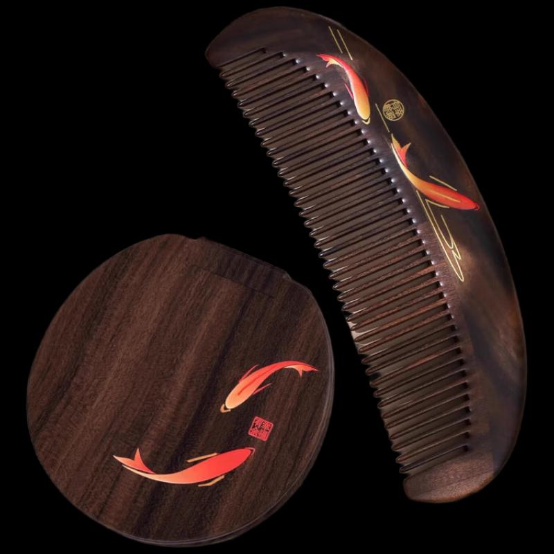 Tan Mujiang 'Happiness Abundant' Wooden Comb & Mirror Gift Set