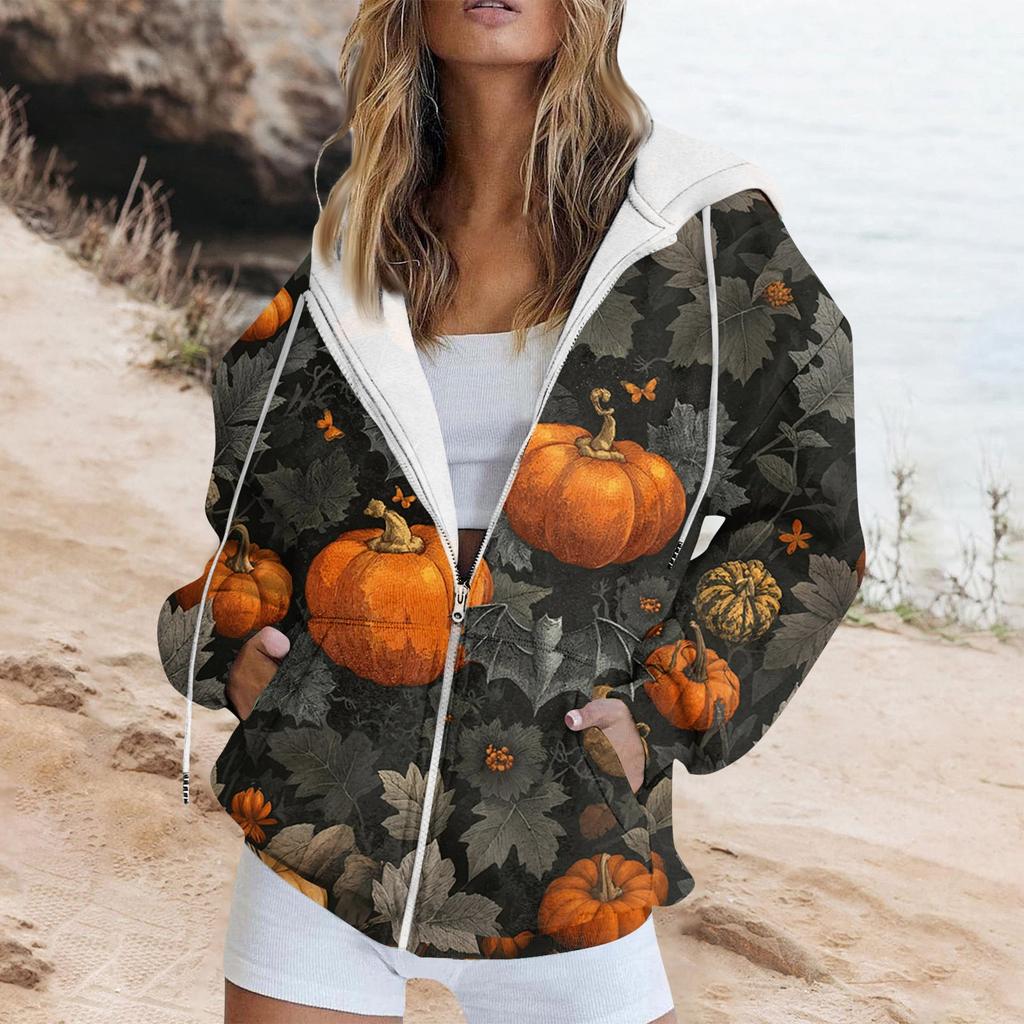 Women's Fashion Casual Halloween Printed Sweatshirt Long Sleeve With Pocket Cardigan Jacket Zipper Hoodie Coat