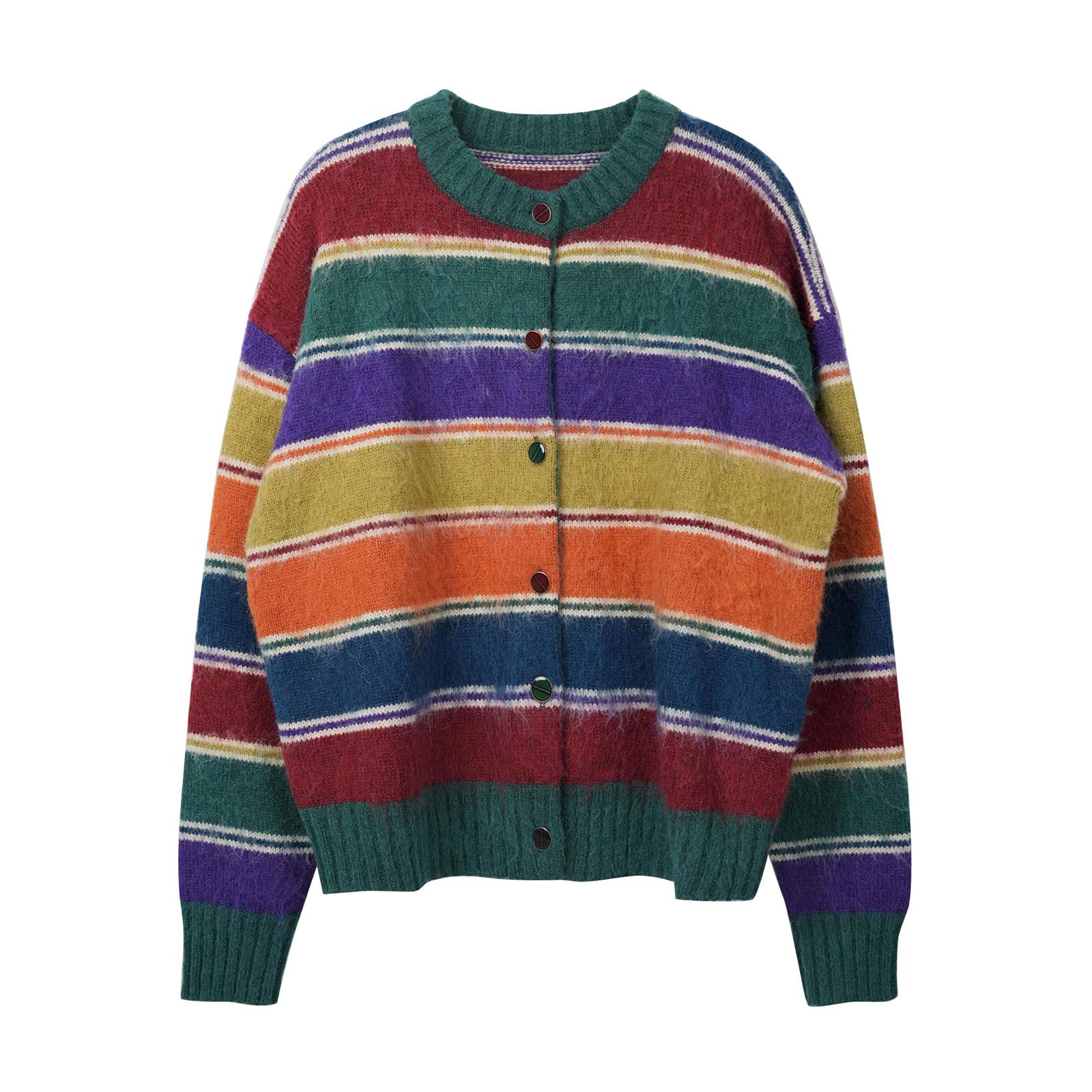 

Ladies Casual Retro Contrasting Color Striped Long Sleeved Round Neck Top XL