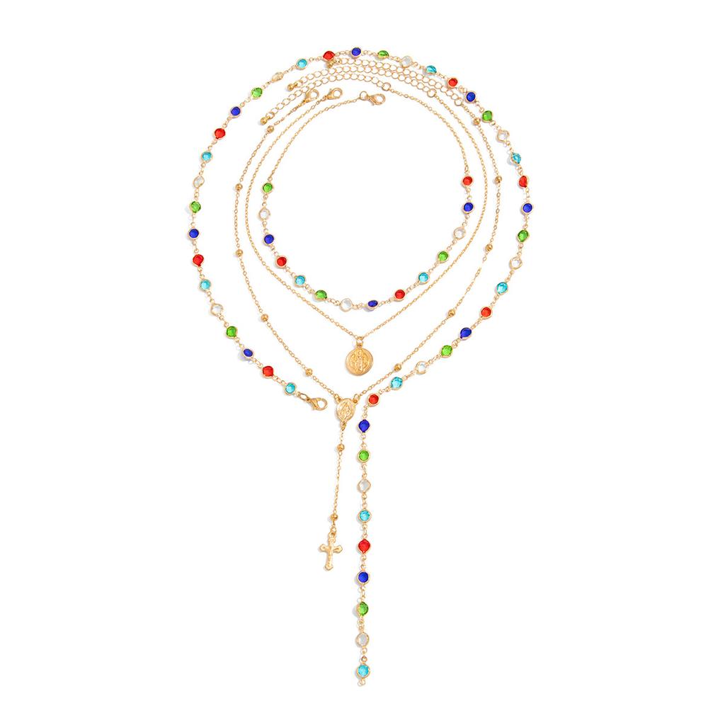 4PC Crystal Colorful Bead Choker Necklace,Summer Beach Multi Crystal Chest Chain Jewelry Rhinestone Cross Pendant Long Tassel Clavicle Chain for Women