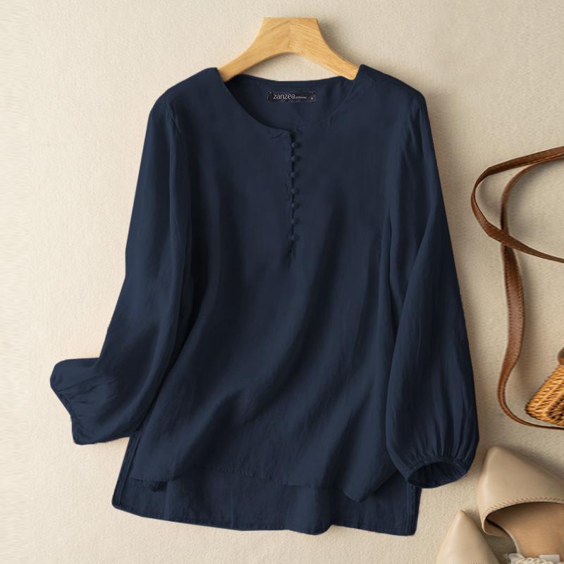 

ZANZEA Женская повседневная однотонная свободная блузка с круглым вырезом и длинными рукавами XL темно-синий