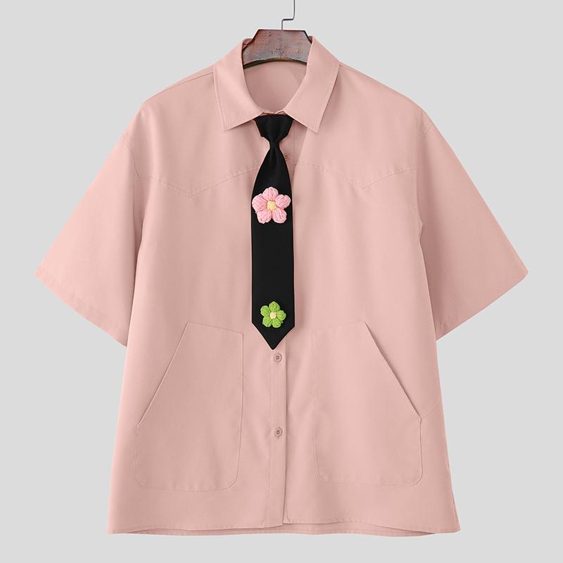 INCERUN Oversized Men Tie Up Neck Short Sleeve Flowers Casual Loose Shirts