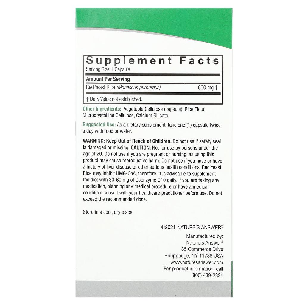 Nature's Answer Rice Red Yeast, 600Mg, 90 Veggie Capsules
