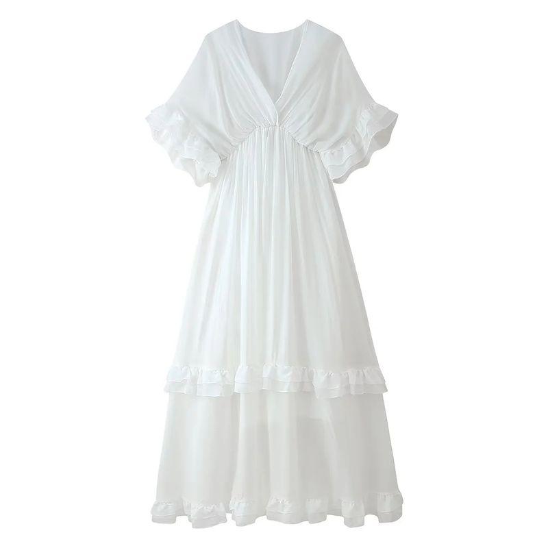 Summer New Women clothes Seaside Holiday Style V-neck Horn Short sleeve Waist Hugging Slimming Frill Long Dress