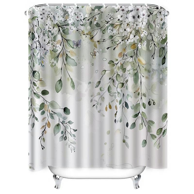 

Watercolor Green Leaves And White Flowers Design Durable And Waterproof Perfect For Home Decor Suitable For Wet &Dry Separation W60H190(CM)-1 Pcs