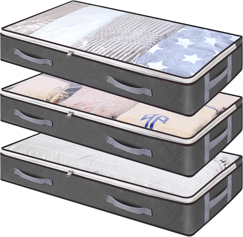 3 Pack Underbed Storage Bags 75L Foldable Clothes Bag Large Capacity Storage Containers With Clear Window Reinforced Handles Zip