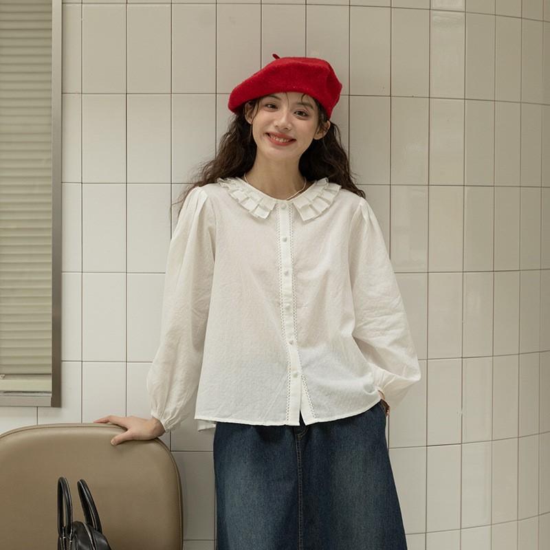 Johnature Codzienna Bluzka Damska z Kołnierzykiem w Kształcie Płatka, Vintage, Wewnętrzna, Biała, Długi Rękaw, Jednolity Kolor, Luźna