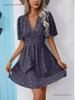 Summer Floral V-Neck Midi Dress with Pleated Skirt and Mid Sleeves