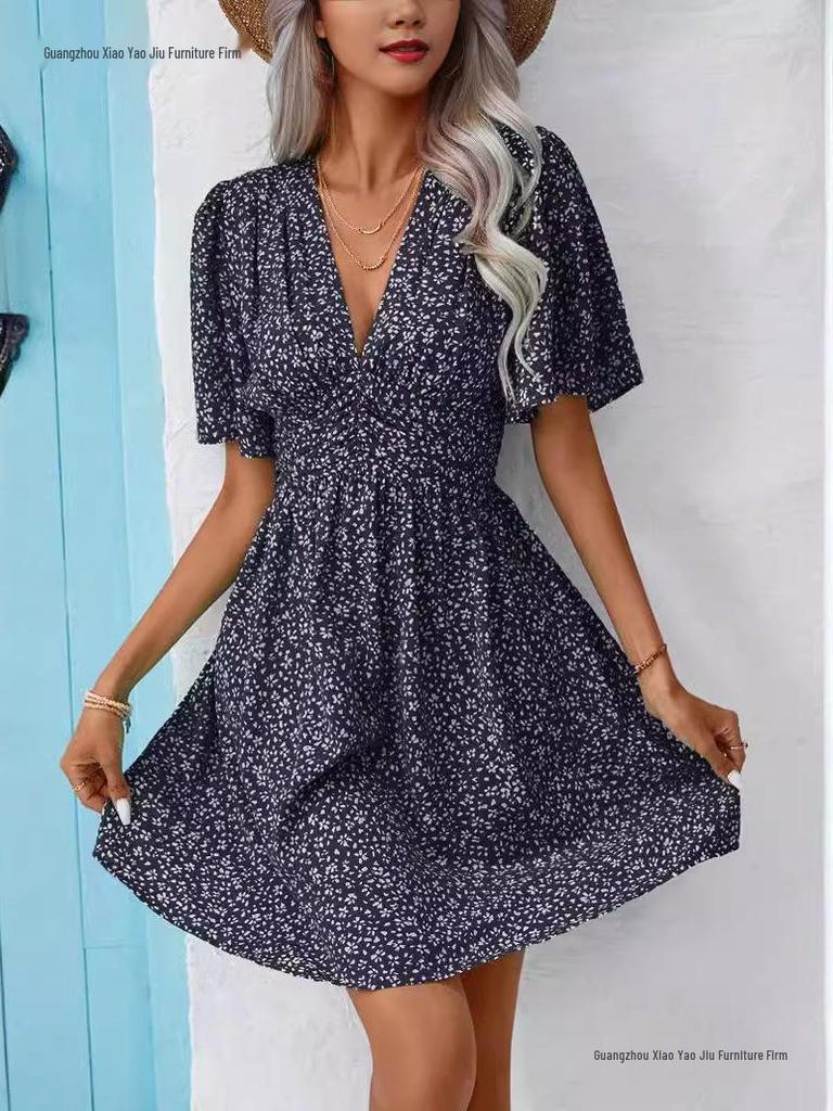 Summer Floral V-Neck Midi Dress with Pleated Skirt and Mid Sleeves