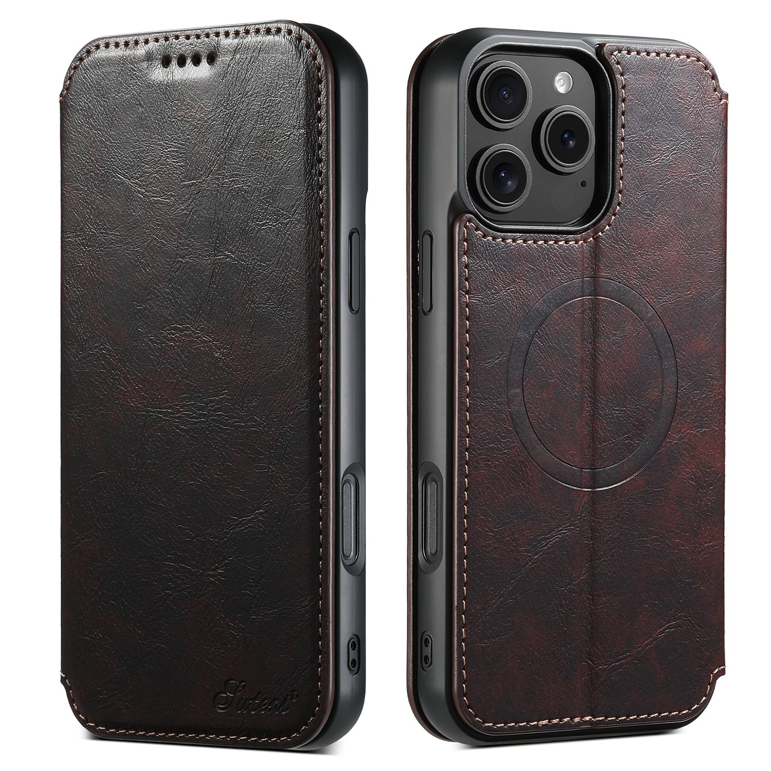 

SUTENI J05 For iPhone 16 Pro Max Case Compatible with MagSafe Textured PU Leather Flip Phone Cover Brown