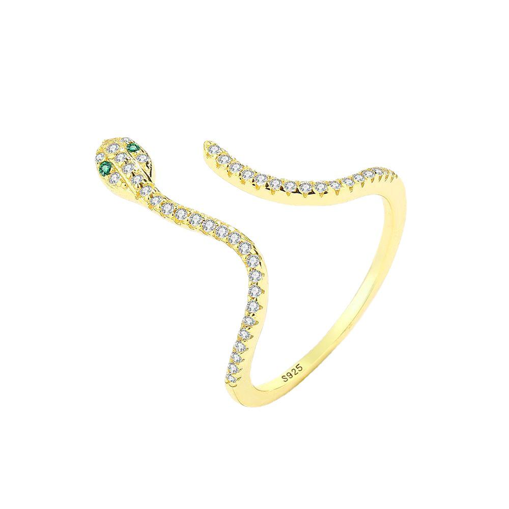 14K Gold Plated Zircon Open Ring: 925 Sterling Silver Micro-Paved Diamond Snake Design for Women - European & American Style.
