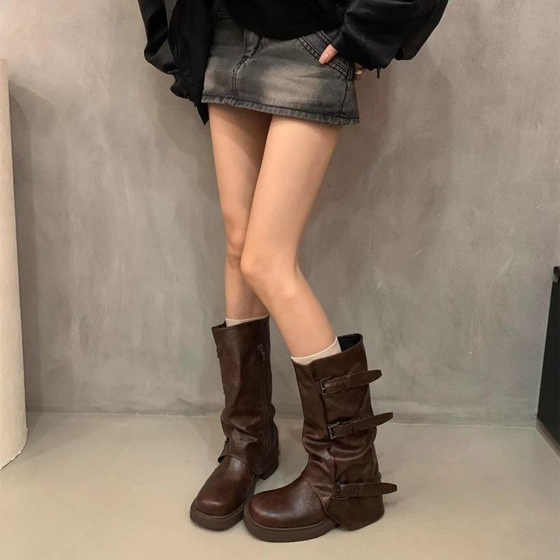 

Height-increasing belt buckle square round head pleated medium tube knight boots women s western pleated stacked pants tube boots 35