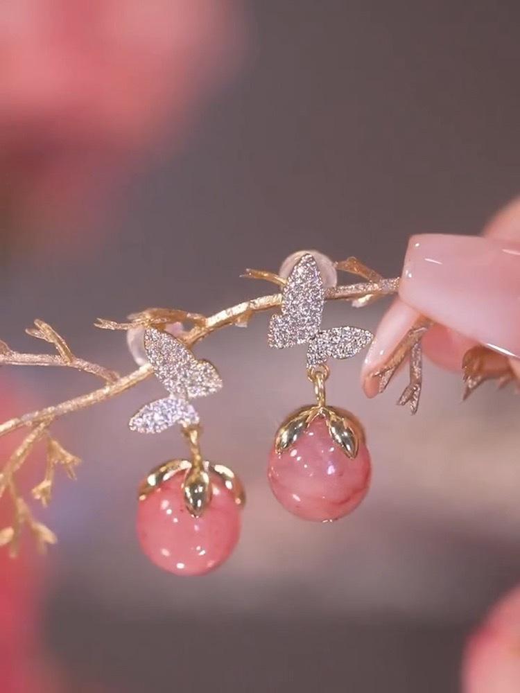 Elegant Butterfly & Pink Cat's Eye Earrings: Full Diamond Accents for Women