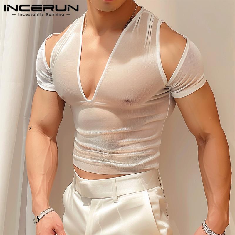 INCERUN Men V Neck Mesh Stretch Off Shoulder Sheer Tops Sexy Transparent T-shirts