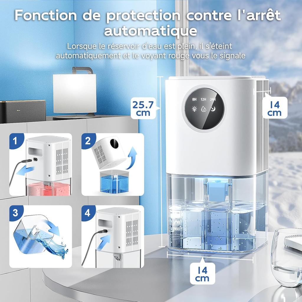 Air Dehumidifier, 1800 Ml, Ultra-Quiet Electric Desmidifier (≤38 dB), 7 LED Touch Atmosphere, Automatic Shutdown, Portable Device with Timer for
