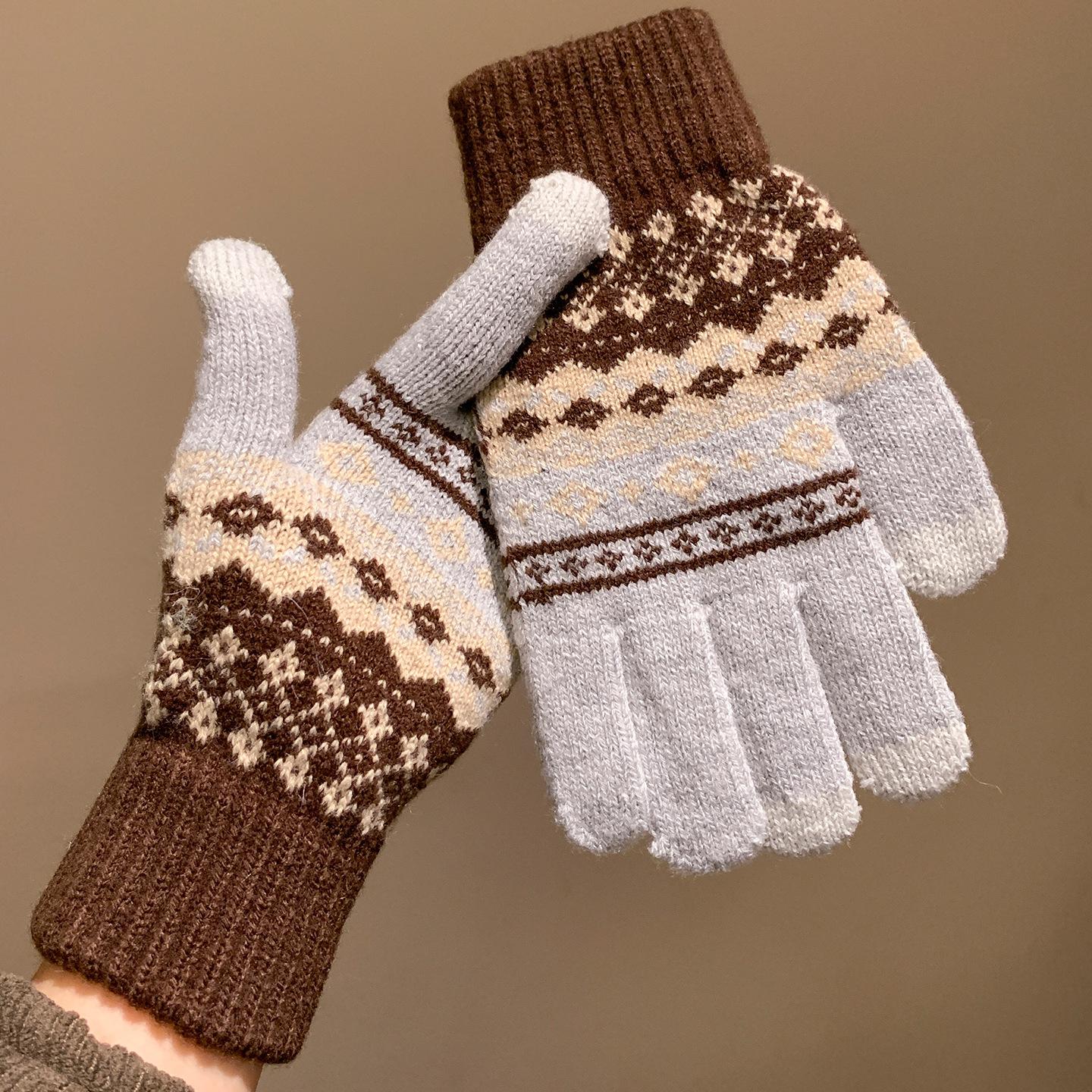 

Touch screen jacquard split finger wool knitted gloves women s winter warm Fair Island wind cycling antifreeze and cold versatile one size fits all сірий колір
