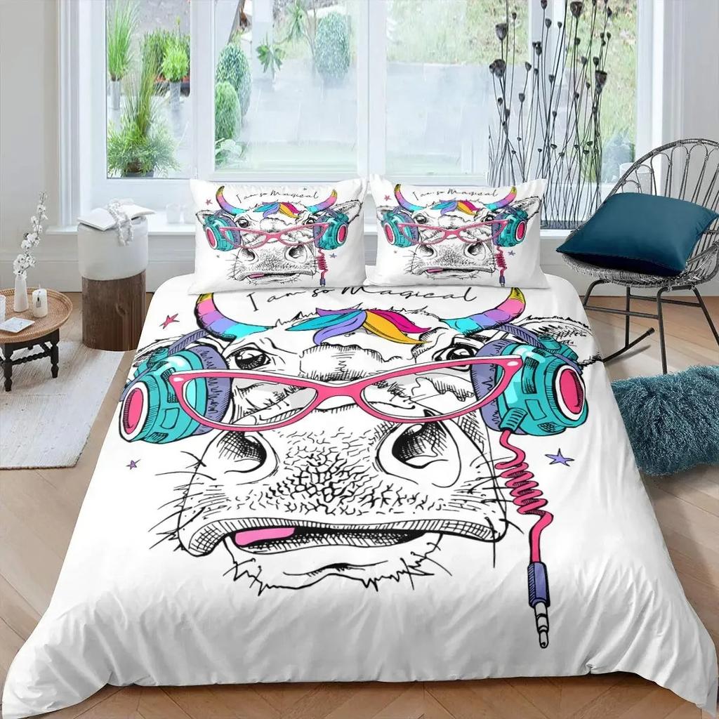 Soft Vibrant Cute Cow Print Kawaii Highland Cartoon Farm Animals Polyester Queen King Comforter