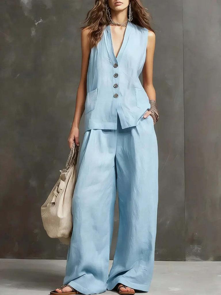 2026 European and American cross-border Amazon new women's sleeveless vest vest wide-leg pants cotton and linen two-piece women's clothing