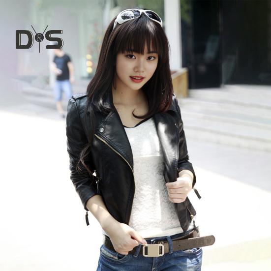 Women Spring Fall Coat Faux Leather Turn-down Collar Zipper Pockets Windproof Zip-up Solid Color Plus Size Long Sleeves Motorcycle Jacket