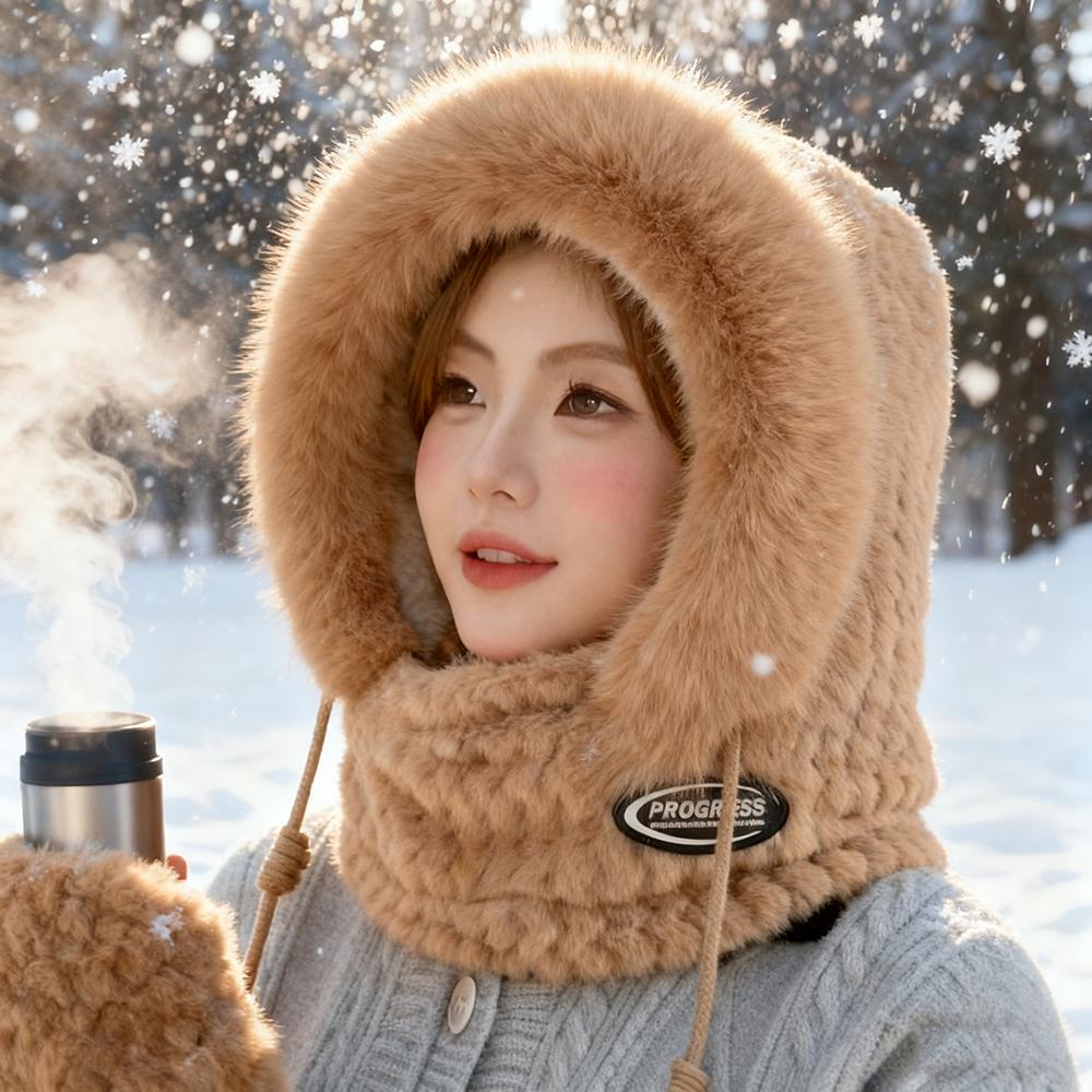 Autumn And Winter Women Thermal Plush Hat Hood Scarf And Mask Ear Protection Windproof Thick Design For Riding Outdoor
