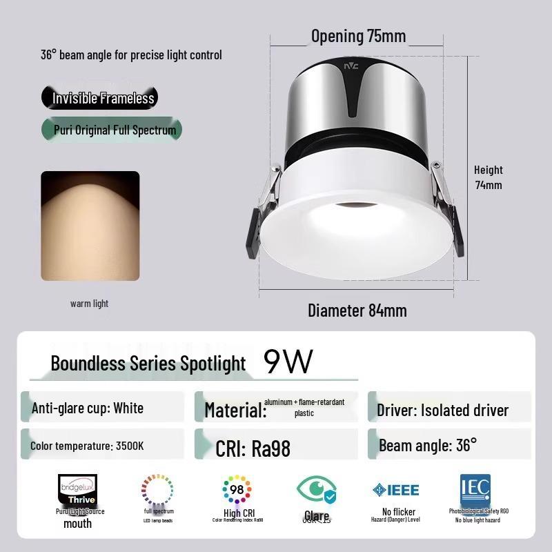 NVC Lighting Frameless LED Spotlight - Anti-Glare, Full Spectrum, Wall Washer, Recessed for Living Room