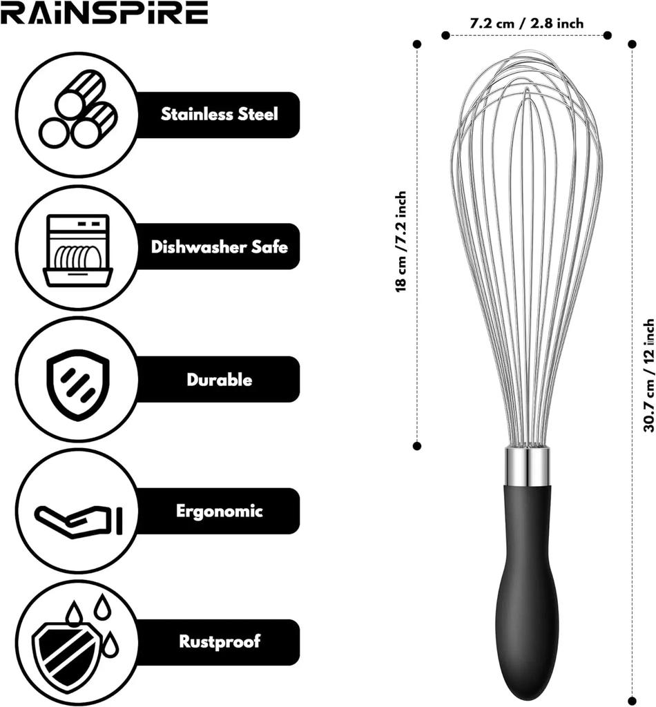 12 Inch Household Stainless Steel Manual Mixer Balloon Whisks For Cooking With Soft Silicone Handle for Blending,Whisking