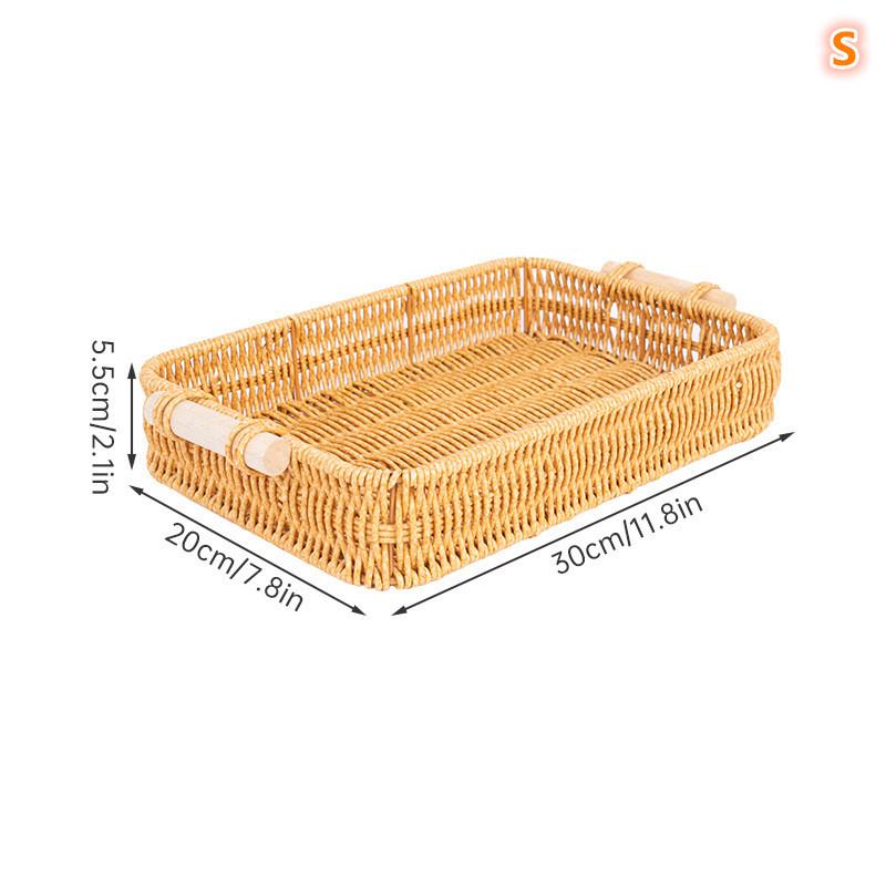 Multi-Use Pp Woven Storage Basket With Wooden Handle Modern Rectangular Shallow Bin For Living Room Bedroom Kitchen Hotel Servic