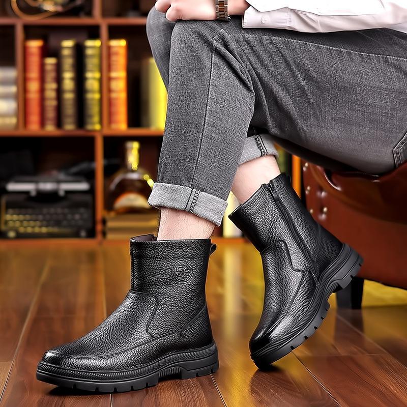Winter Wool Men's Cotton Shoes Cowhide High-top Snow Boots Velvet Warm Leather Boots Tall Men's Shoes