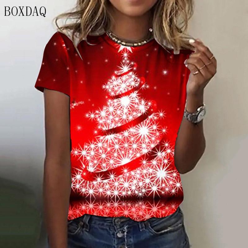 Christmas Tree Pattern Women Fashion T-Shirts Short Sleeve Christmas Days Street Trend Ladies T Shirt 3D Printed O-Neck Tops