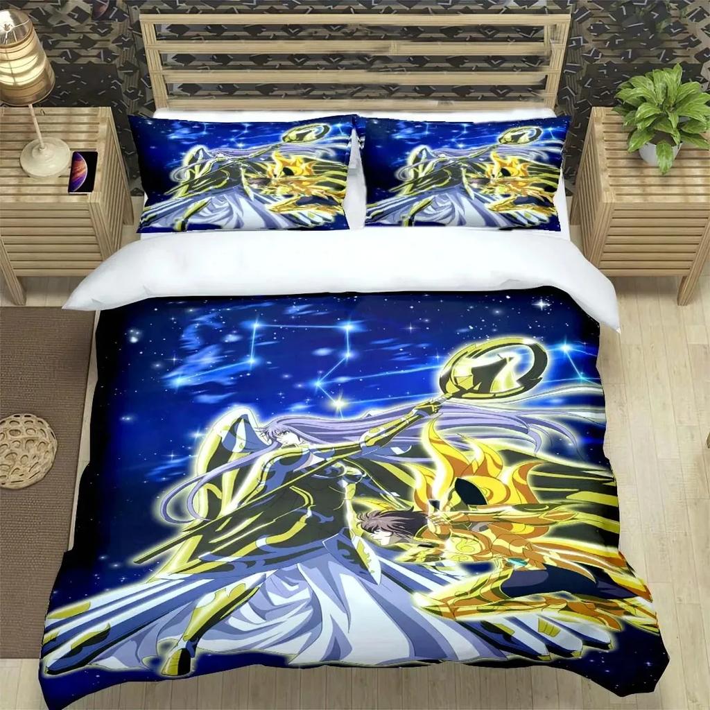 Saint Seiya Zestaw Pościeli 3D Czarny Zestaw Poszwy na Kołdrę i Poszewek na Poduszki Rozmiar King Queen Poliestrowa Poszwa na Kołdrę