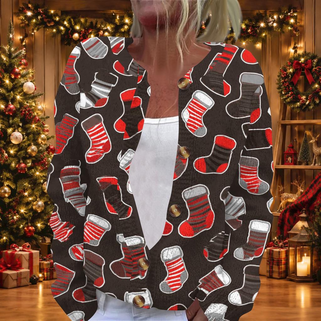 Cardigan in Maglia da Donna con Stampa Natalizia, Manica Lunga, con Bottoni