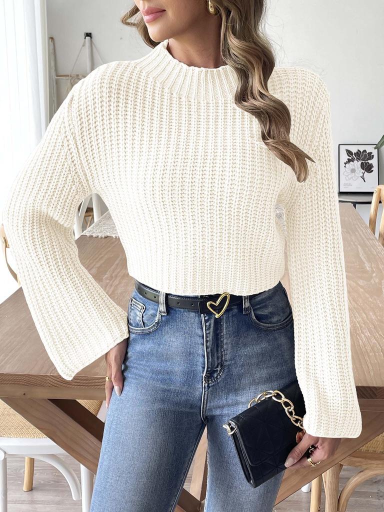 Semi-turtleneck women's sweater short open-button sweater top European and American size autumn and winter new horn-sleeved sweater