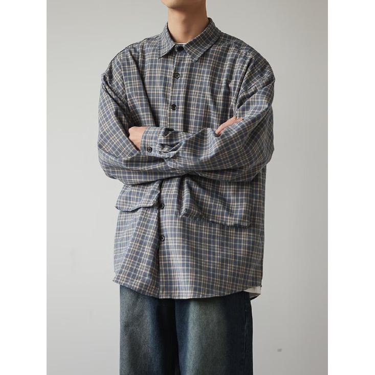 Autumn 2024 Plaid Pocket Decorative Lapel Shirt Japanese-Style Retro Embroidered Long Sleeve Shirt for Men