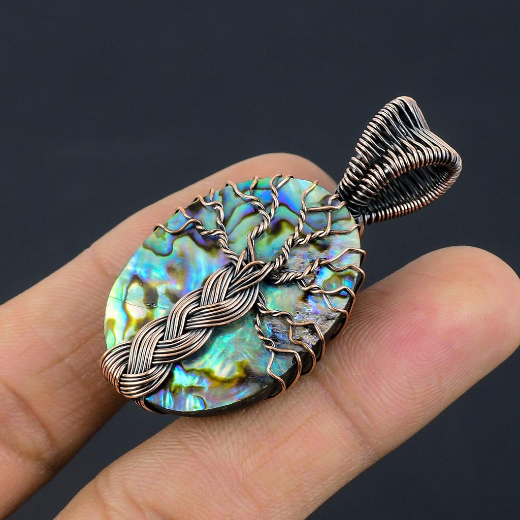 Abalone Shell 999 Copper Wire Wrapped Pendant, Handmade Gemstone Pendant Jewelry, Gifts For Wife Brand New Pendant