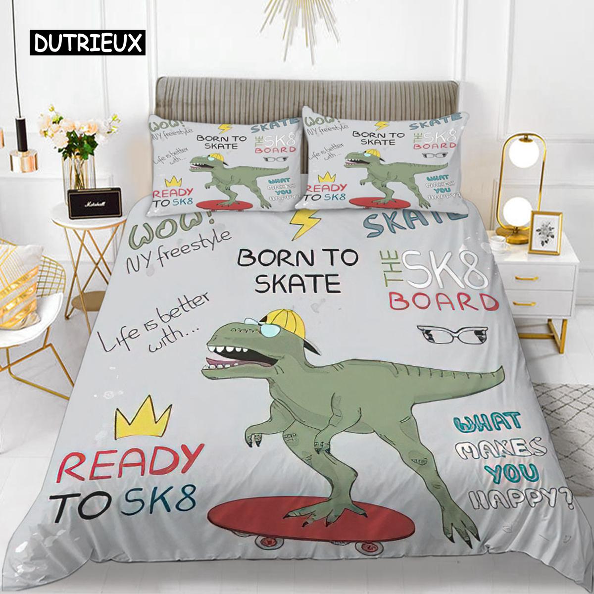 

3D Small Dinosaur Cartoon Cute Simple Bedding Set Couple King Single Size for Kids Children Polyester Quilt Cover Pillow Case EU single(135x200cm)