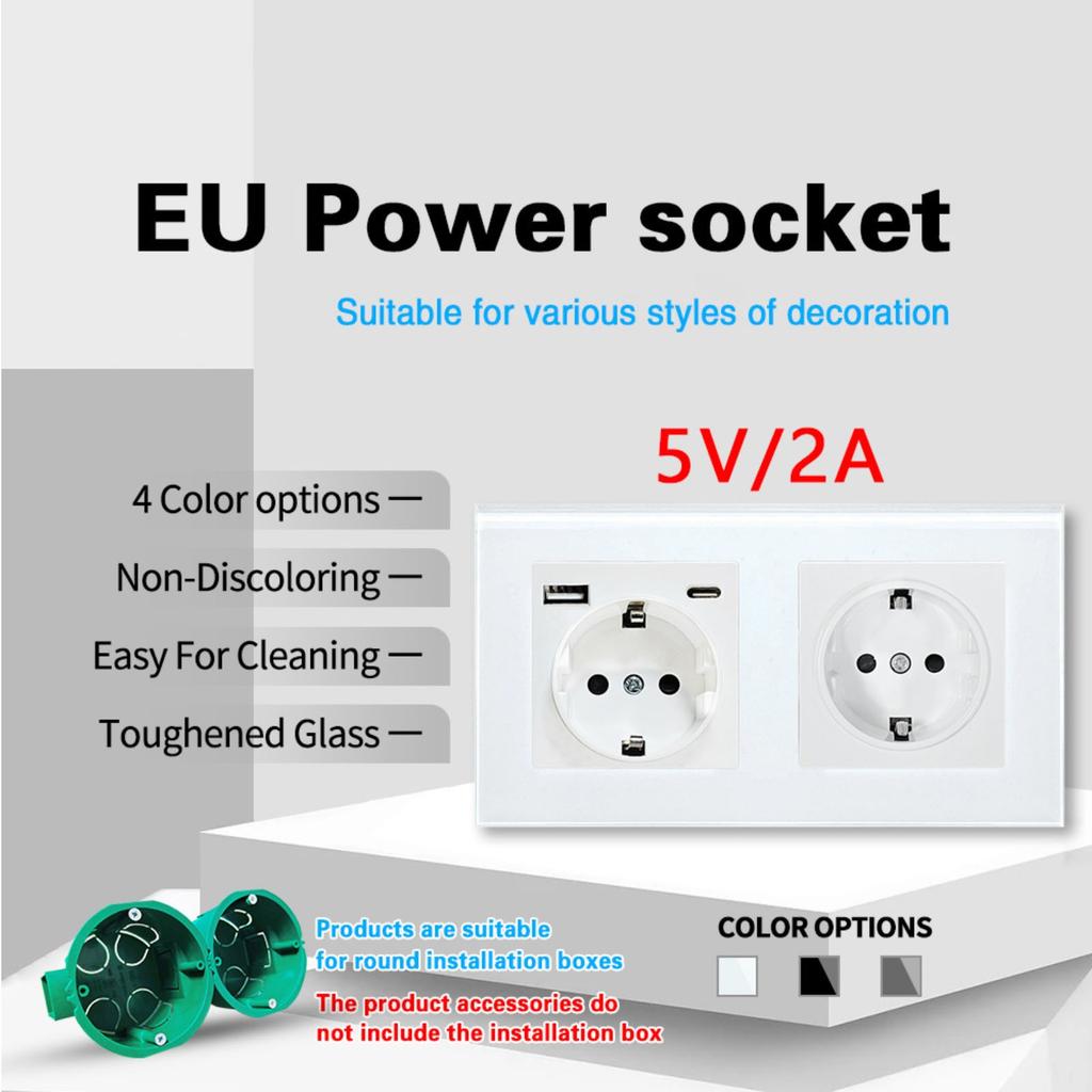 European Standard USB Wall Socket Tempered Glass Panel Socket Household Concealed Round Box Installation Socket Batch