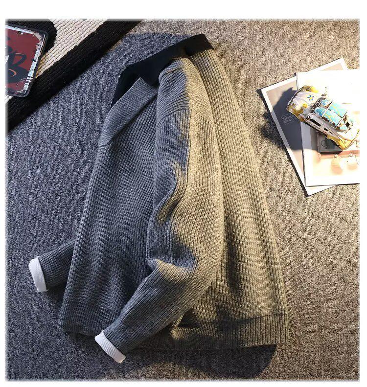 2024 Men's Autumn/Winter American Retro V-Neck Cardigan Sweater - Casual Solid Color Knitwear
